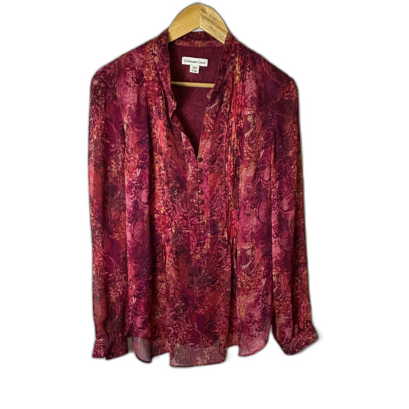 Coldwater Creek NWOT Burgundy Pink Abstract Sheer Pleated Button-up LS Tunic XL - Picture 3 of 13